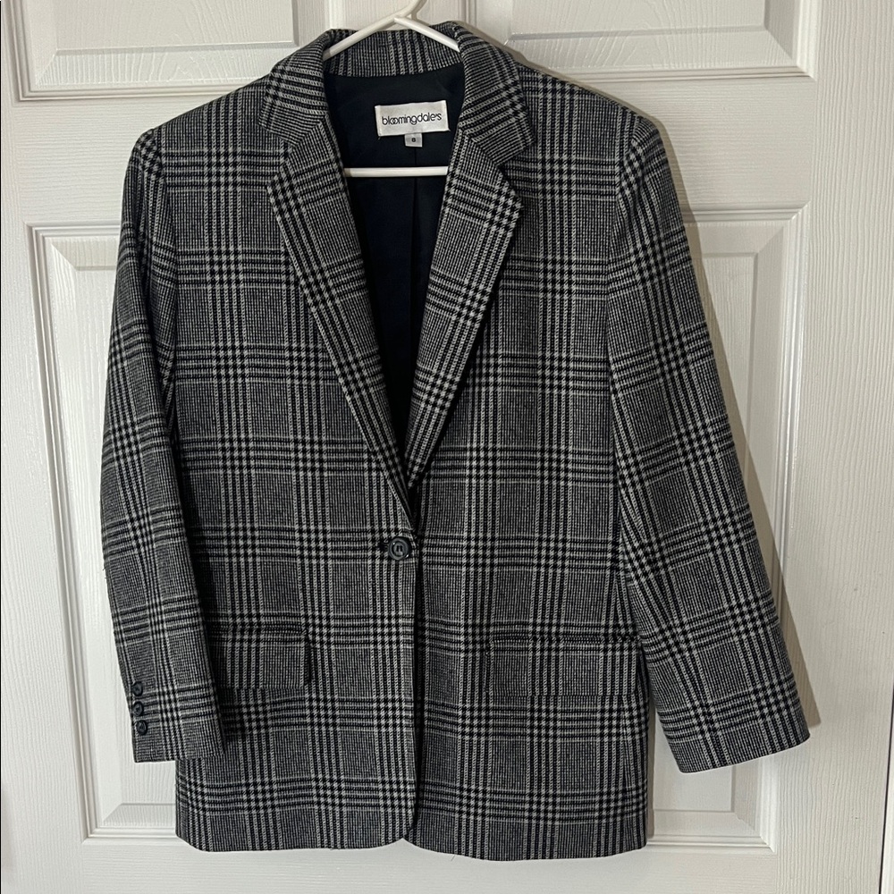 Vintage Bloomingdale's Charcoal Black CASHMERE Checkered Single Button Blazer, 8